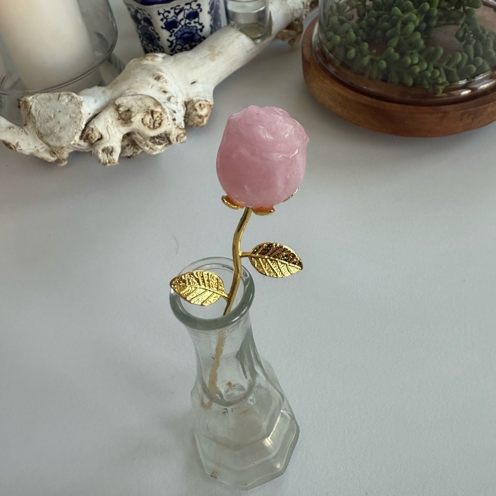 Rose Quartz Rose with Golden Stem
